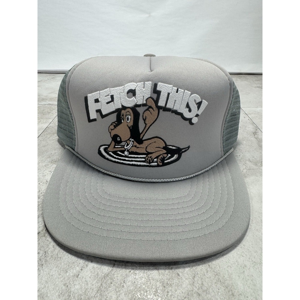 NOS 1980s Cobra FETCH THIS! Trucker Hat Snapback Funny Dog Graphic Mesh Gray Cap